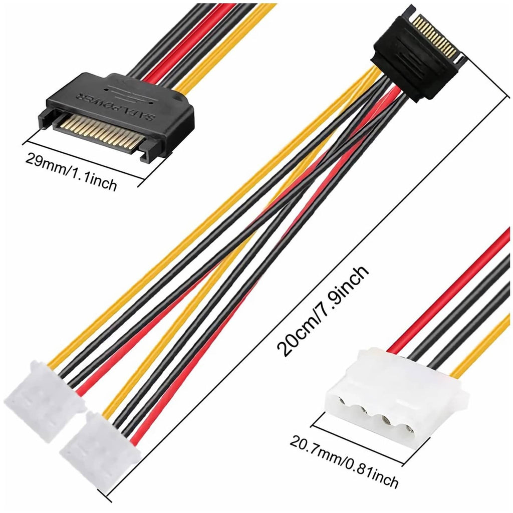 SATA 15-pin male to dual 4-pin Molex cable with black and white connector ends