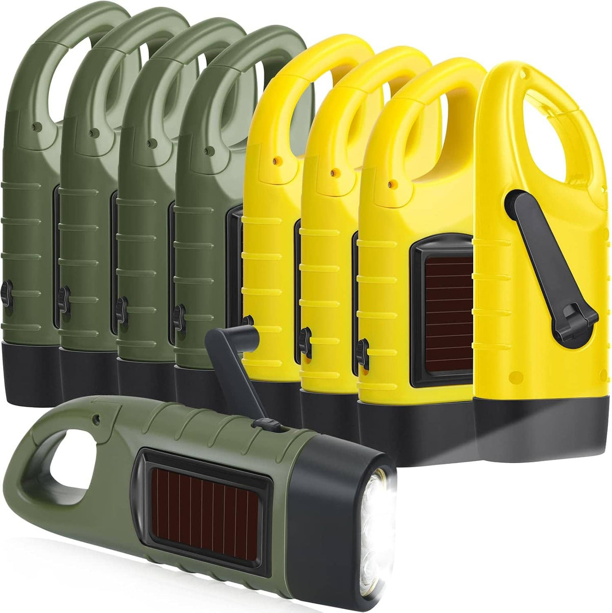 Green and yellow solar hand-crank flashlights, 9-pack with LED bulbs and carry handle