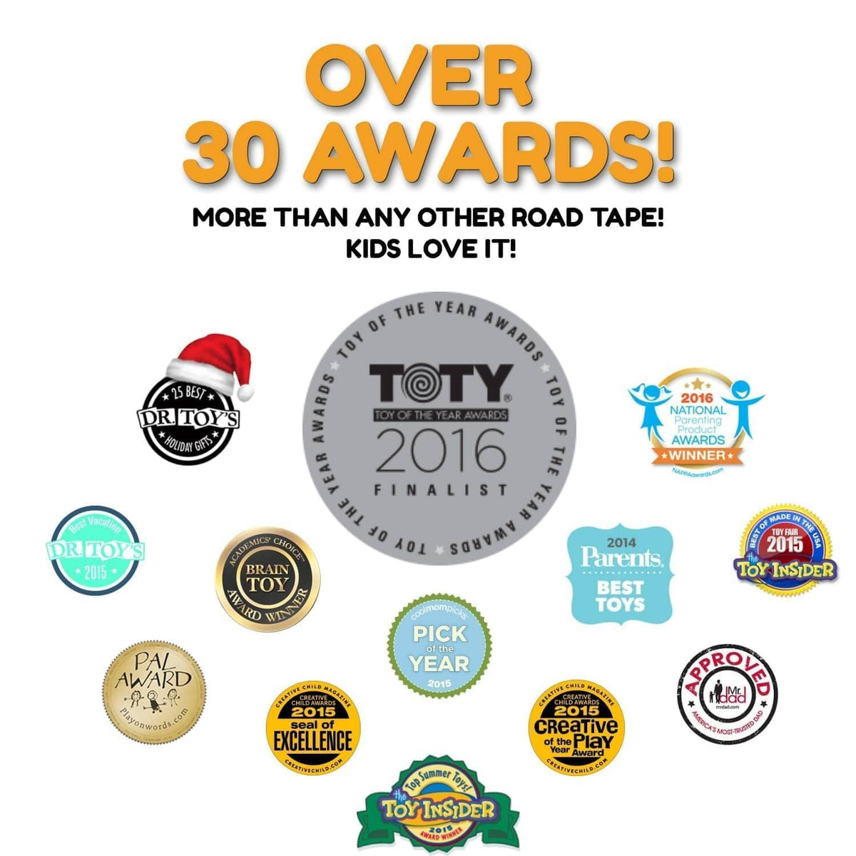 Road tape awards and recognition badge graphic with multiple colored seal icons