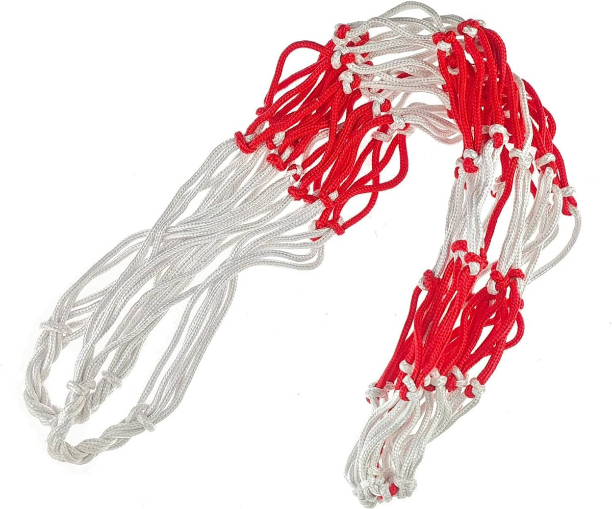 Carboy carrier strap pair with hanging ends, white cord and red netting.