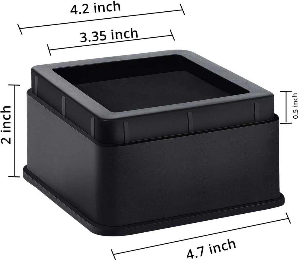 Black adjustable bed riser, 2 inch lift, 3.35 x 4.7 inch square base