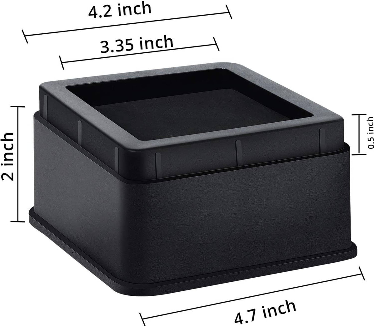 Black adjustable bed riser, 2 inch lift, 3.35 x 4.7 inch square base