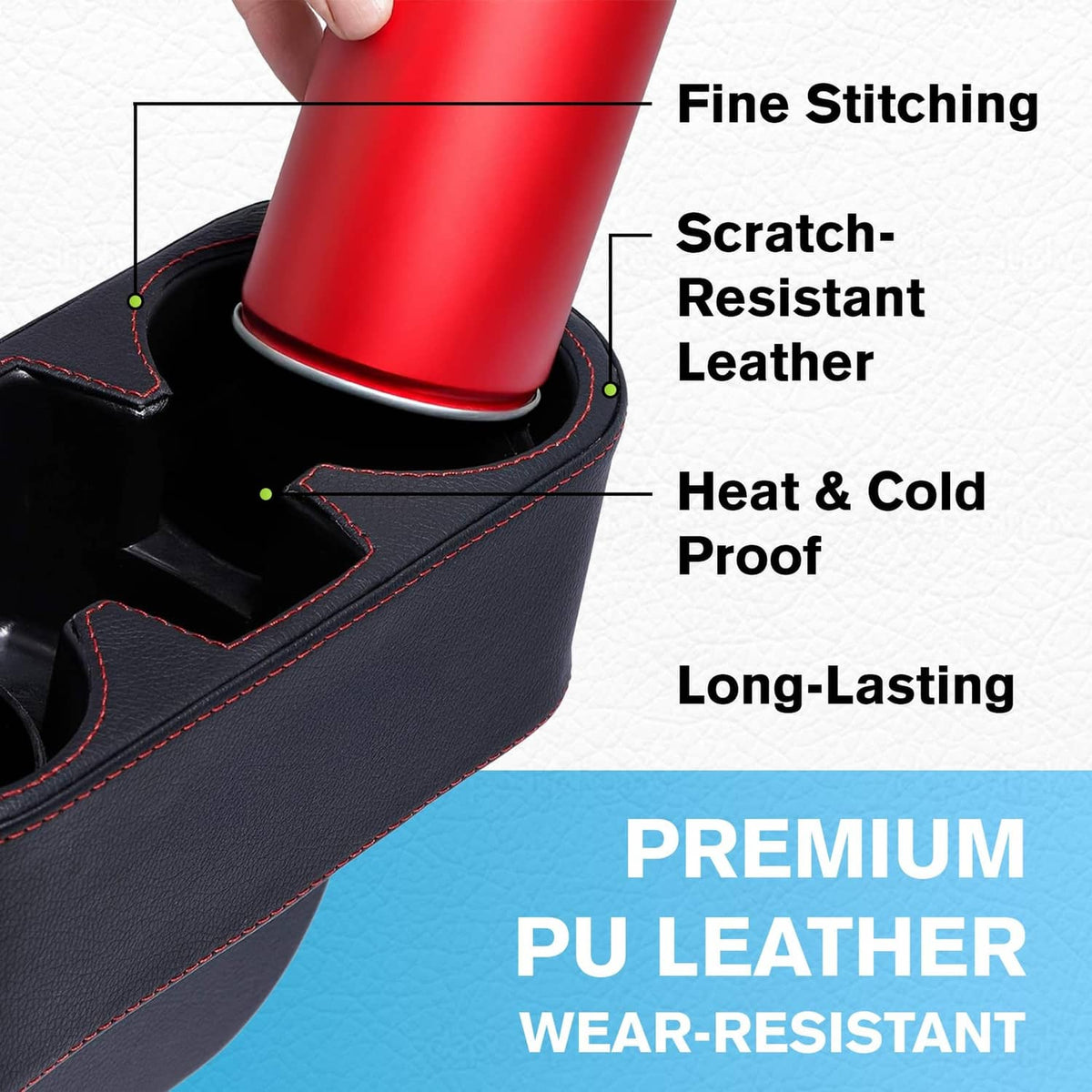 Black PU leather cup holder insert with red-stitched seams, holding a drink cup