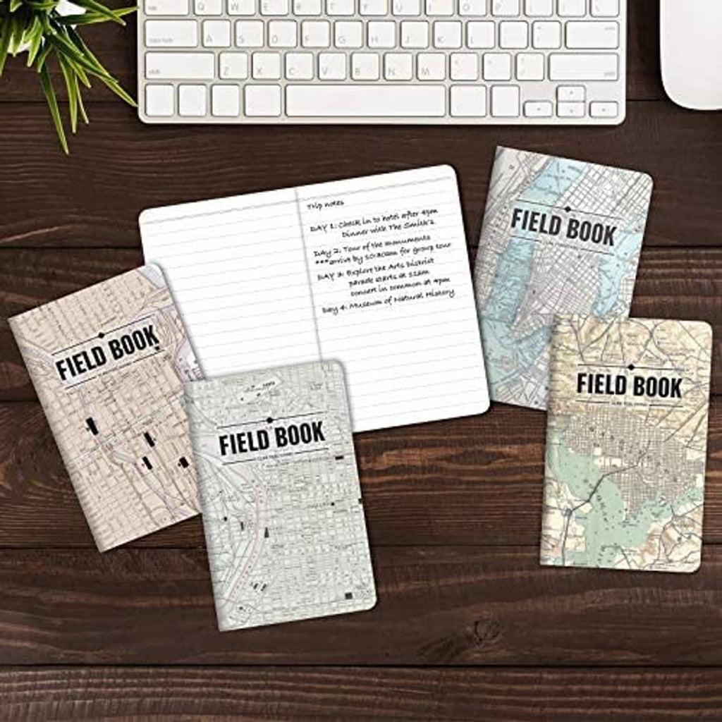 Five Field Book map notebooks with ruled pages, laid flat on a surface
