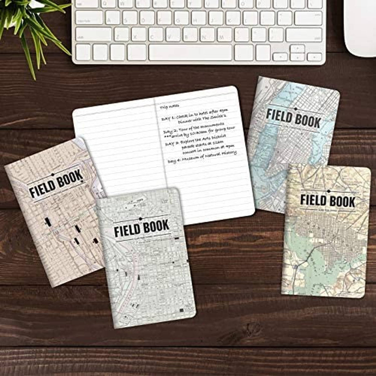 Five Field Book map notebooks with ruled pages, laid flat on a surface