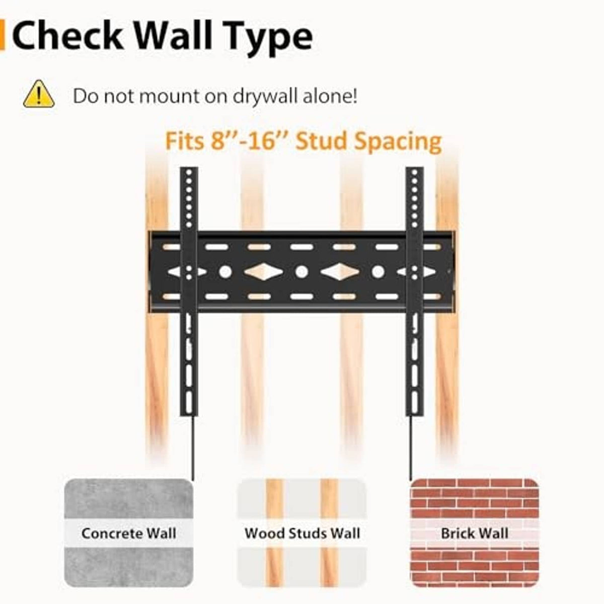 Black TV wall mount bracket with stud-mount style holes on both side rails