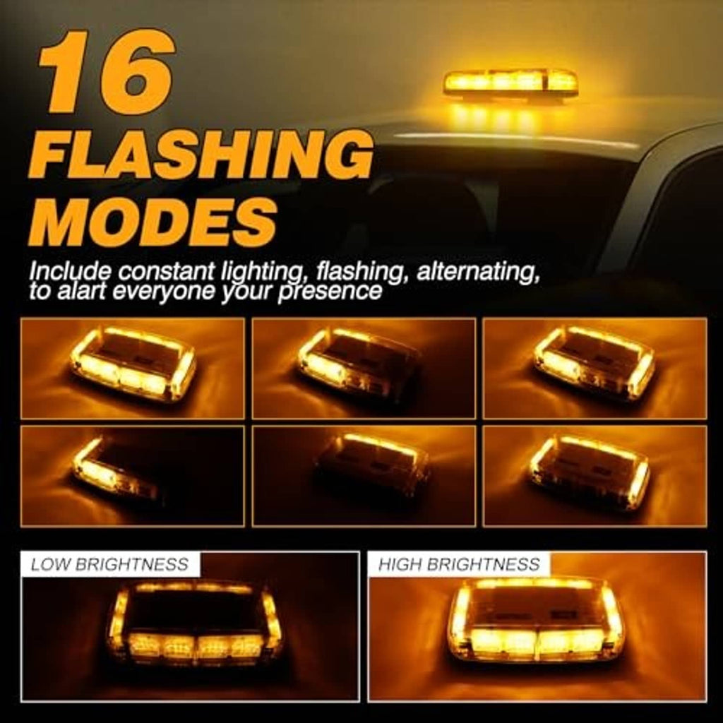 Amber LED strobe light showing multiple flashing light patterns