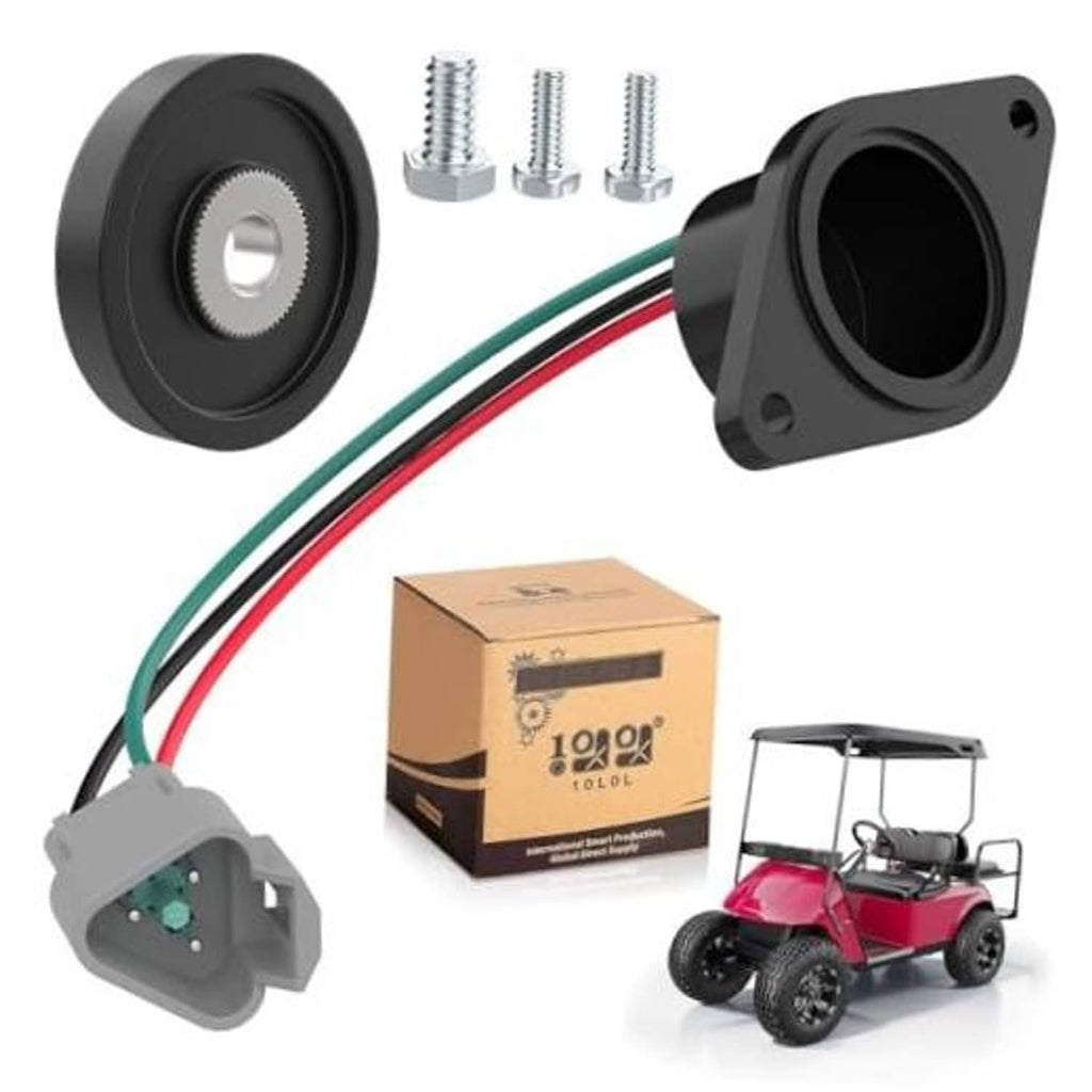 Golf cart speed sensor kit with black housing, mounting flange, magnet, and wiring connector