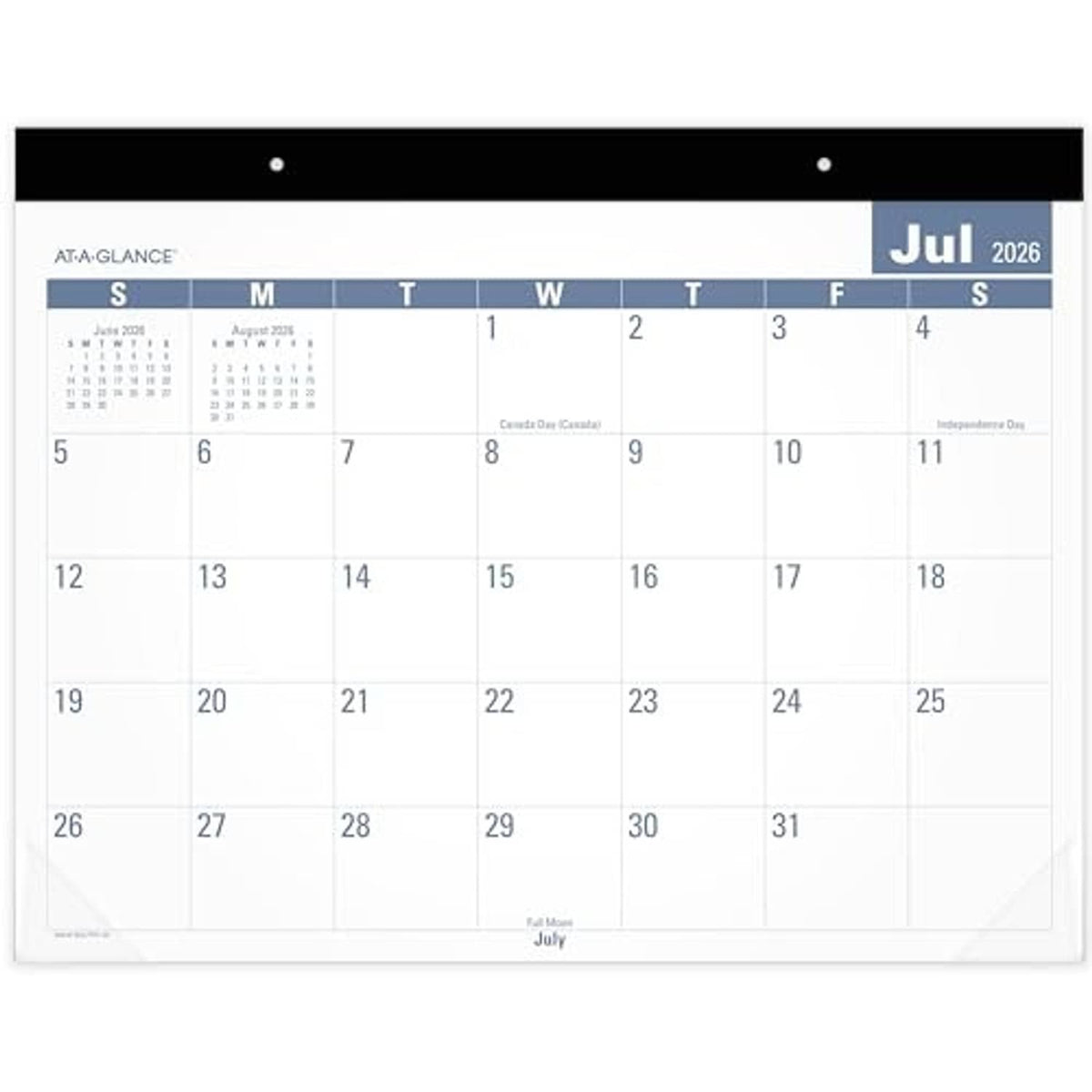 Desk monthly calendar planning pad with July 2026 month view and blue date strip