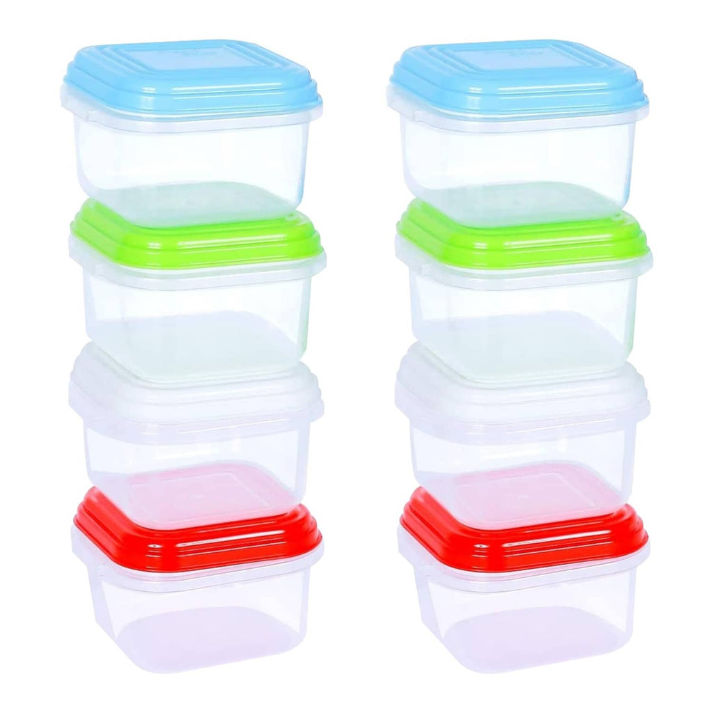 Stacked set of reusable baby food containers with blue, green, and red lids
