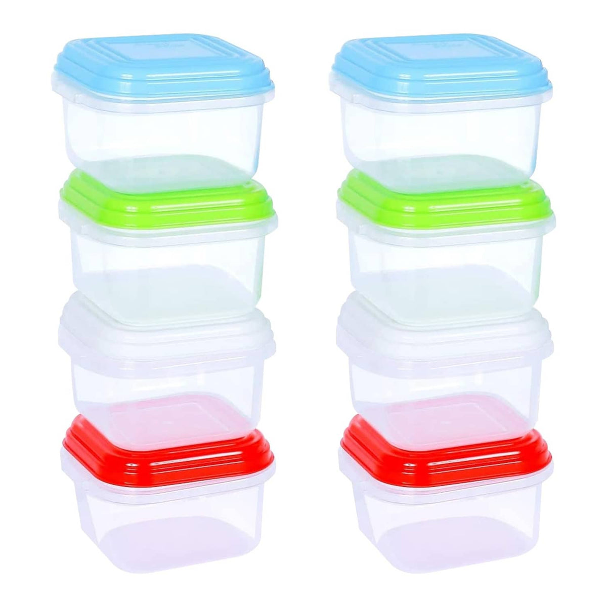 Stacked set of reusable baby food containers with blue, green, and red lids