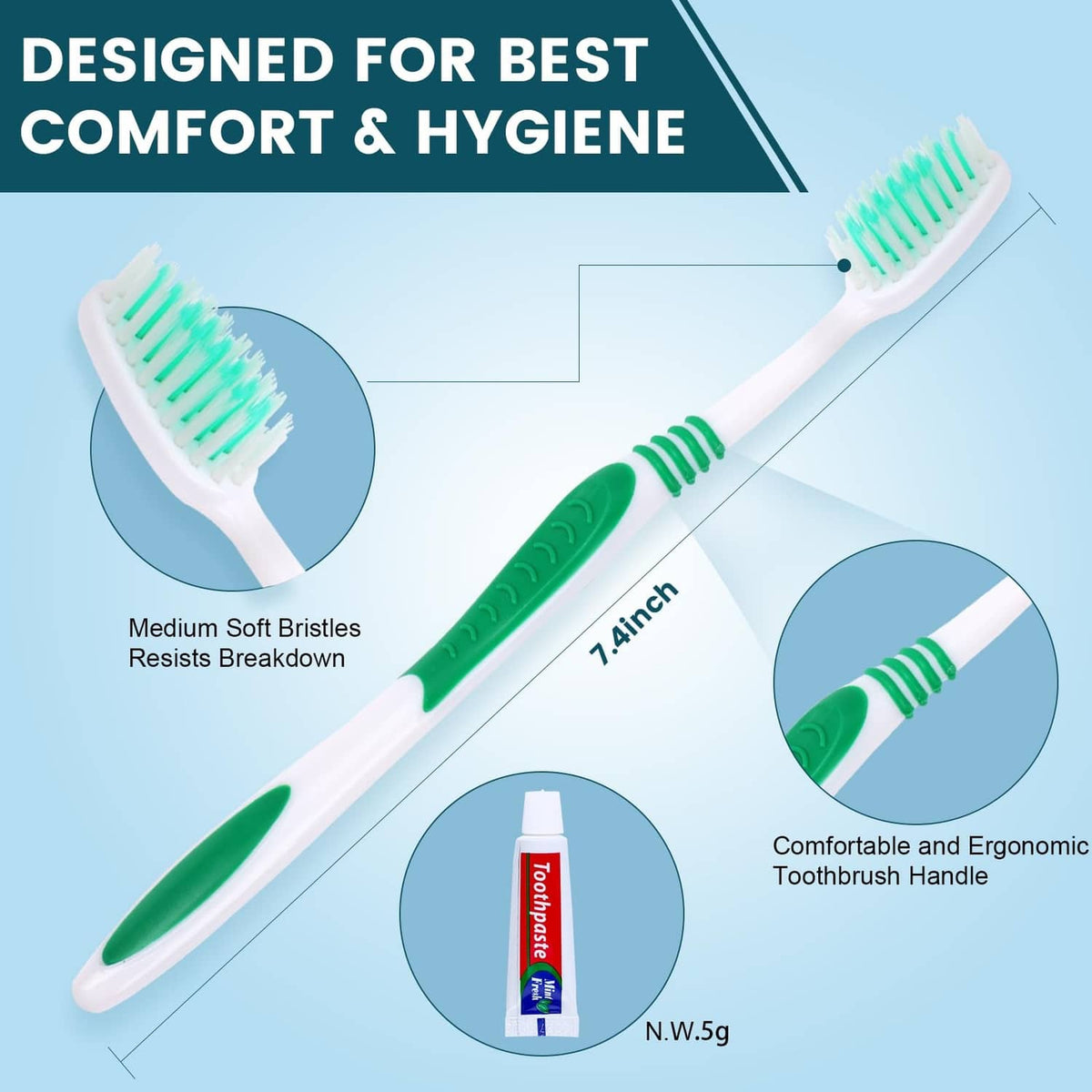Disposable toothbrush with green handle and medium soft bristles, 4in1 bristle layout
