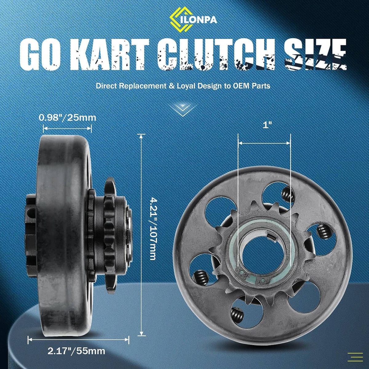 Black centrifugal clutch sprocket with mounting bolts and chain in size diagram view