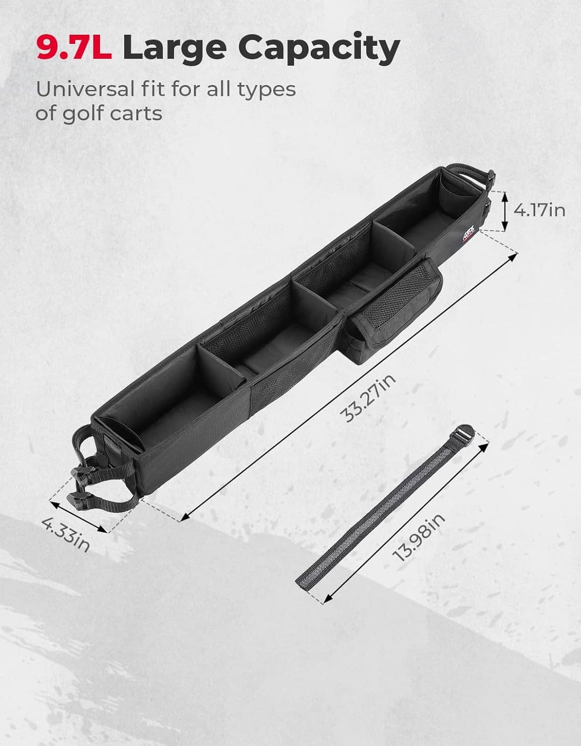 Black golf cart front storage basket with long multi-compartment layout and carry handle
