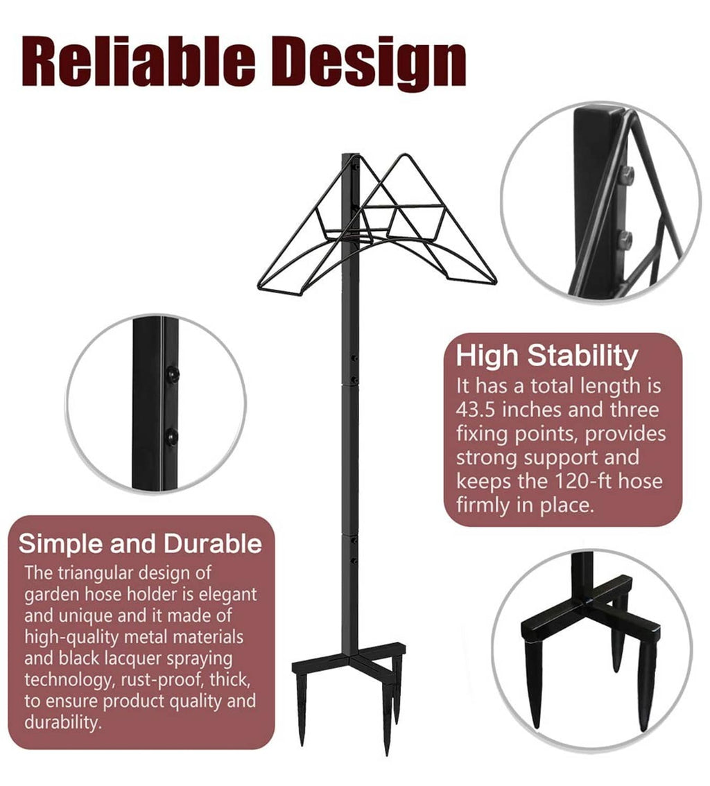 Black metal hose holder stand with arched loop section and three support legs