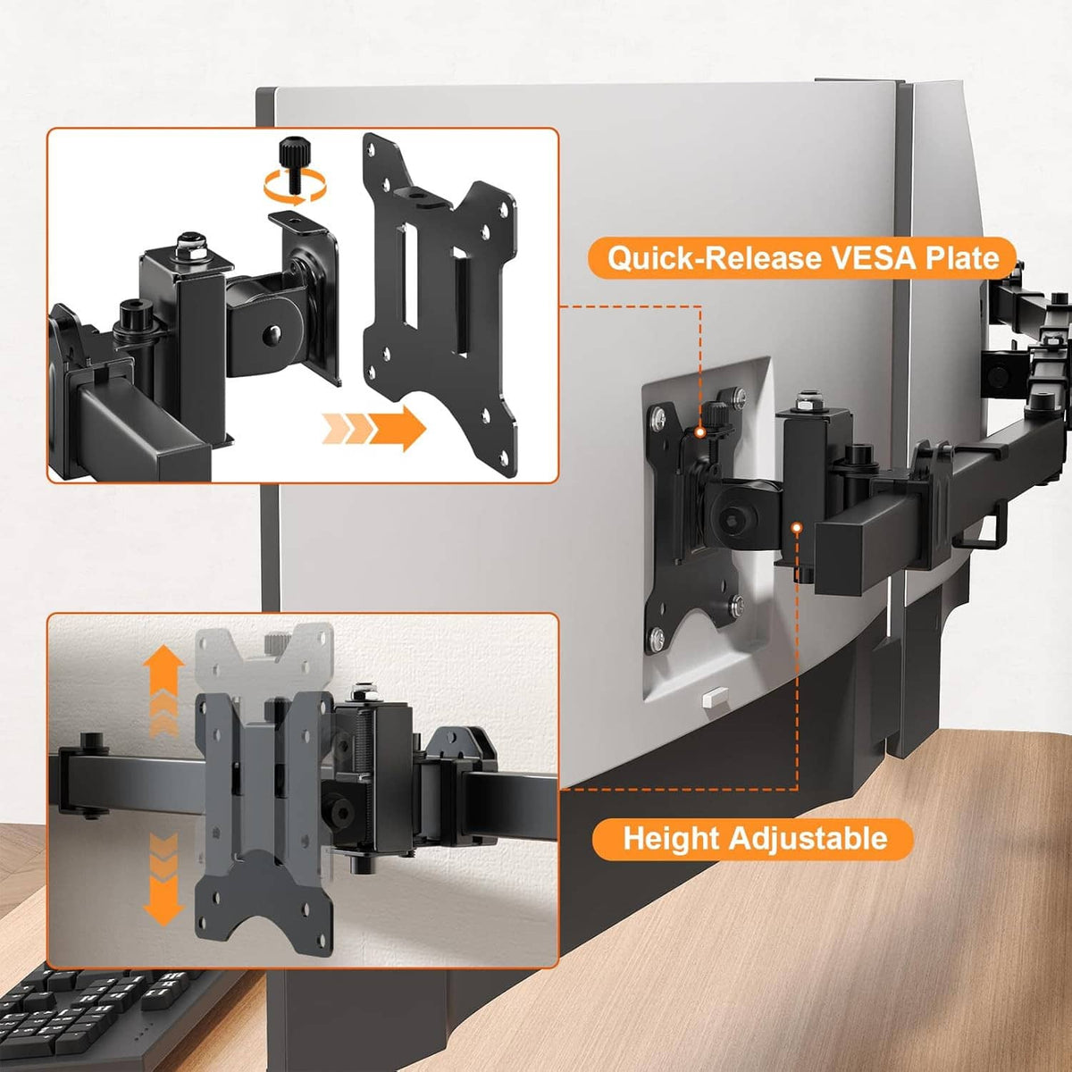 Triple monitor wall mount with quick-release VESA plate and height-adjustable arms