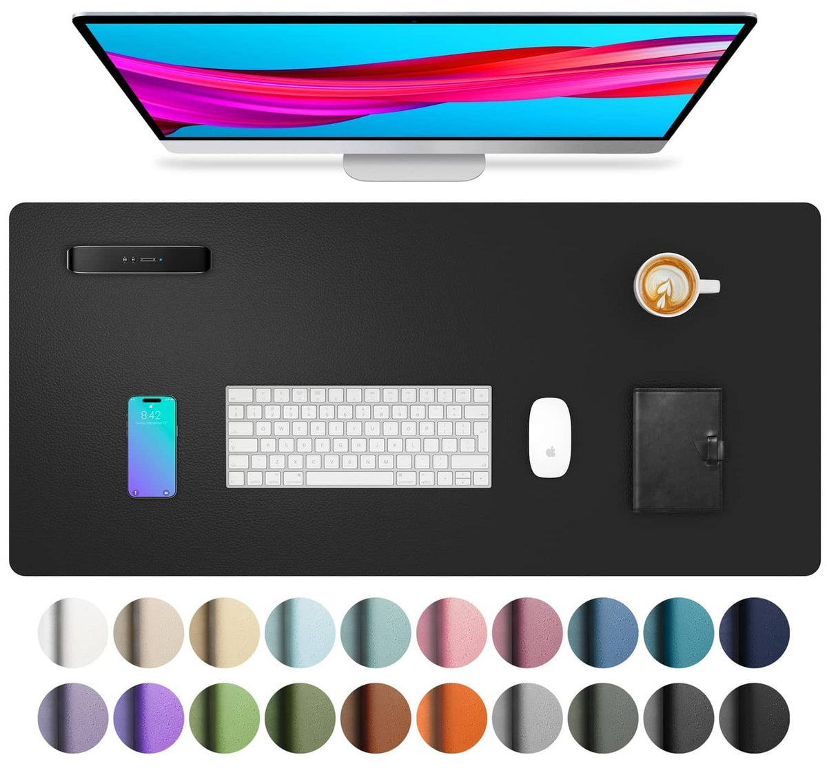 Black PU leather desk pad protector with non-slip surface, 23.6 x 13.7 in