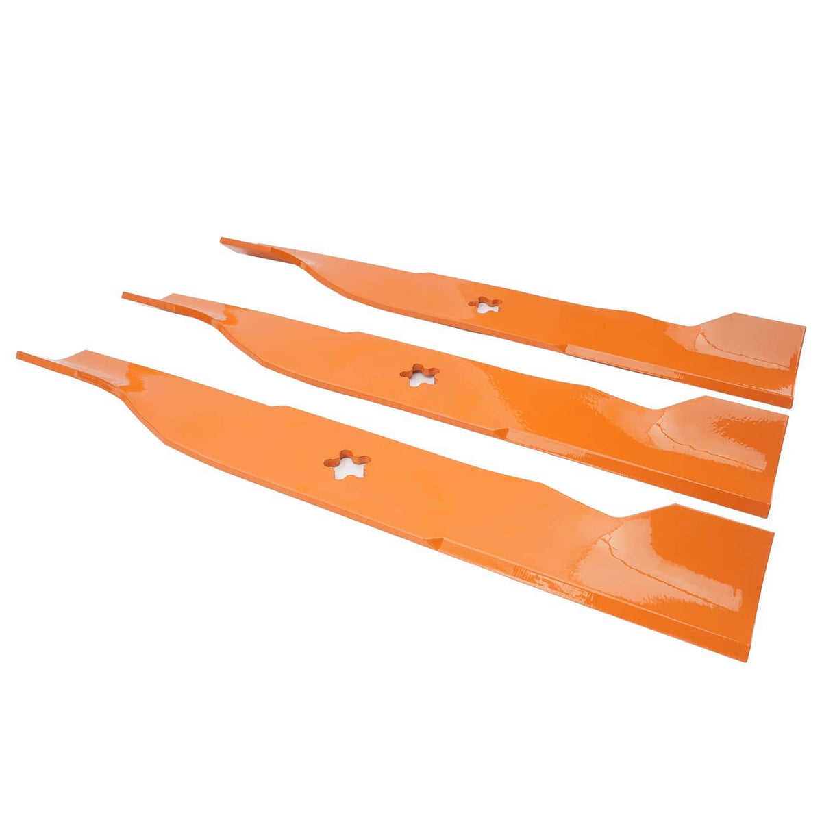 Set of three orange mower blades with star-shaped mounting holes