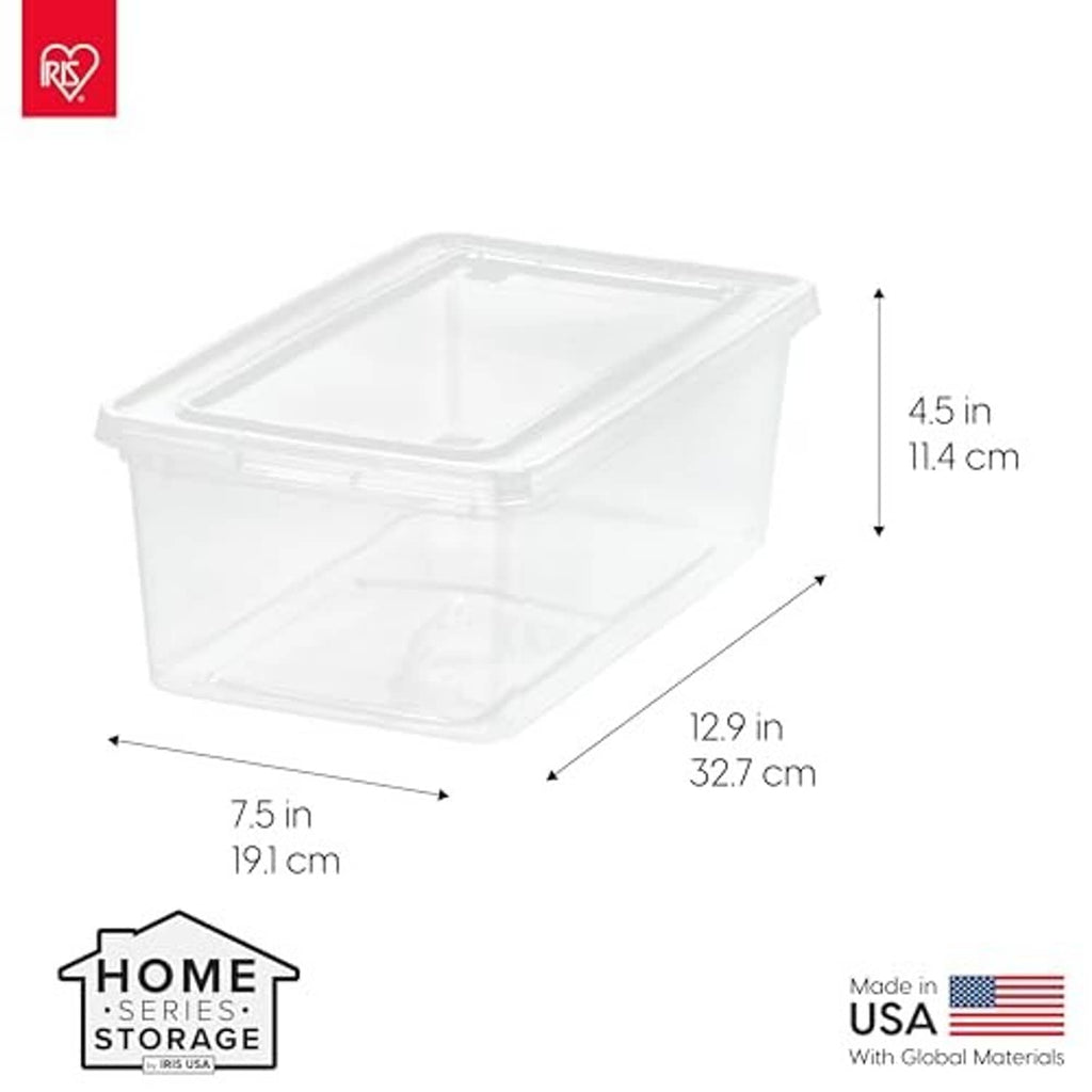 Clear 6-quart storage bin with lid, size dimensions shown