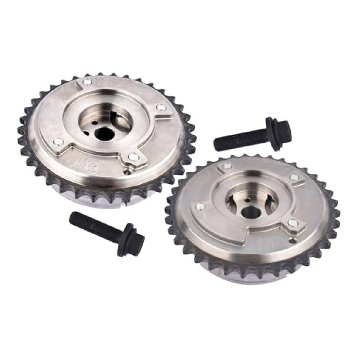 Metal VVT camshaft sprockets, two toothed gears with center holes and bolts