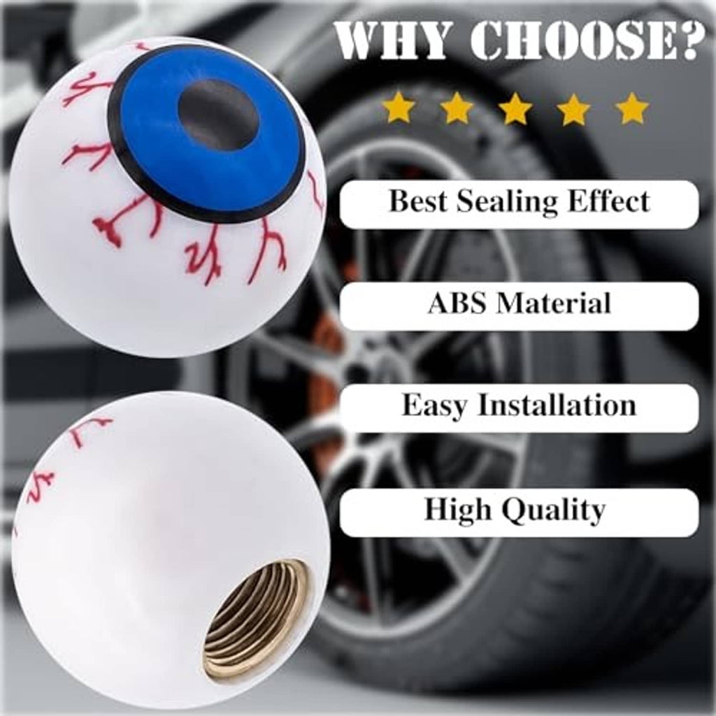Single eyeball tire valve stem cap with white shell, red veins, and blue eye center