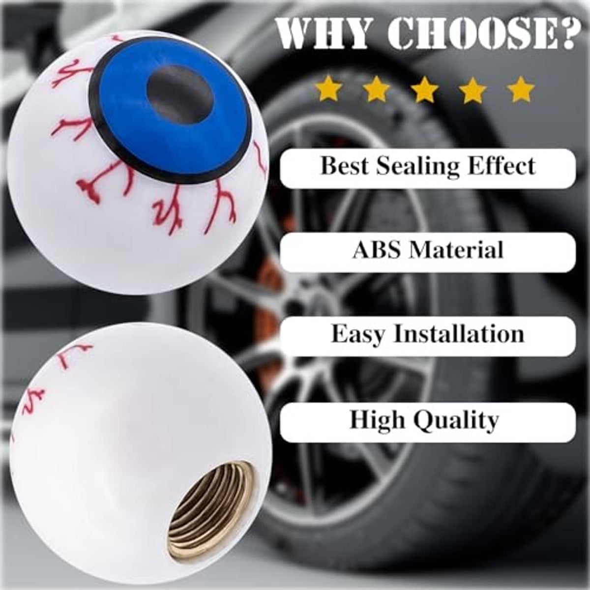 Single eyeball tire valve stem cap with white shell, red veins, and blue eye center