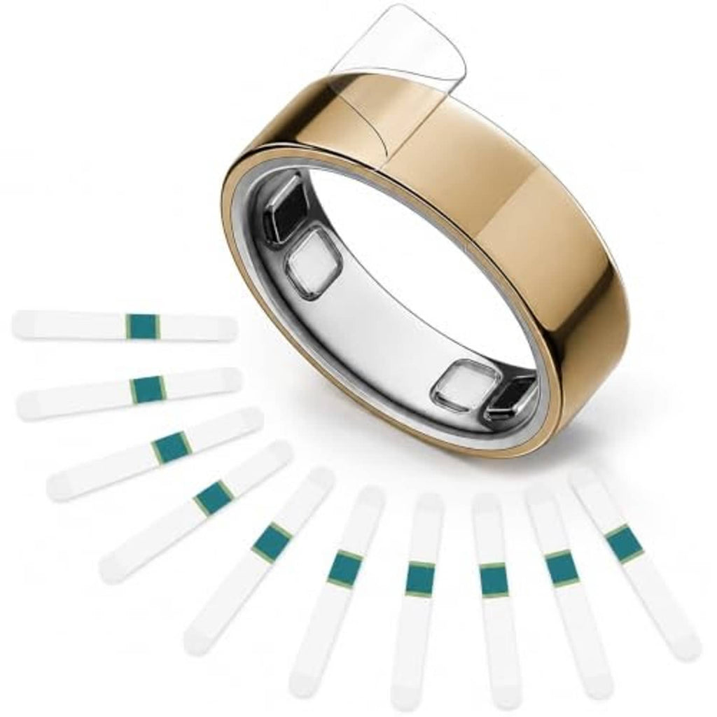 Clear protective film covering a gold-toned smart ring with cutout windows