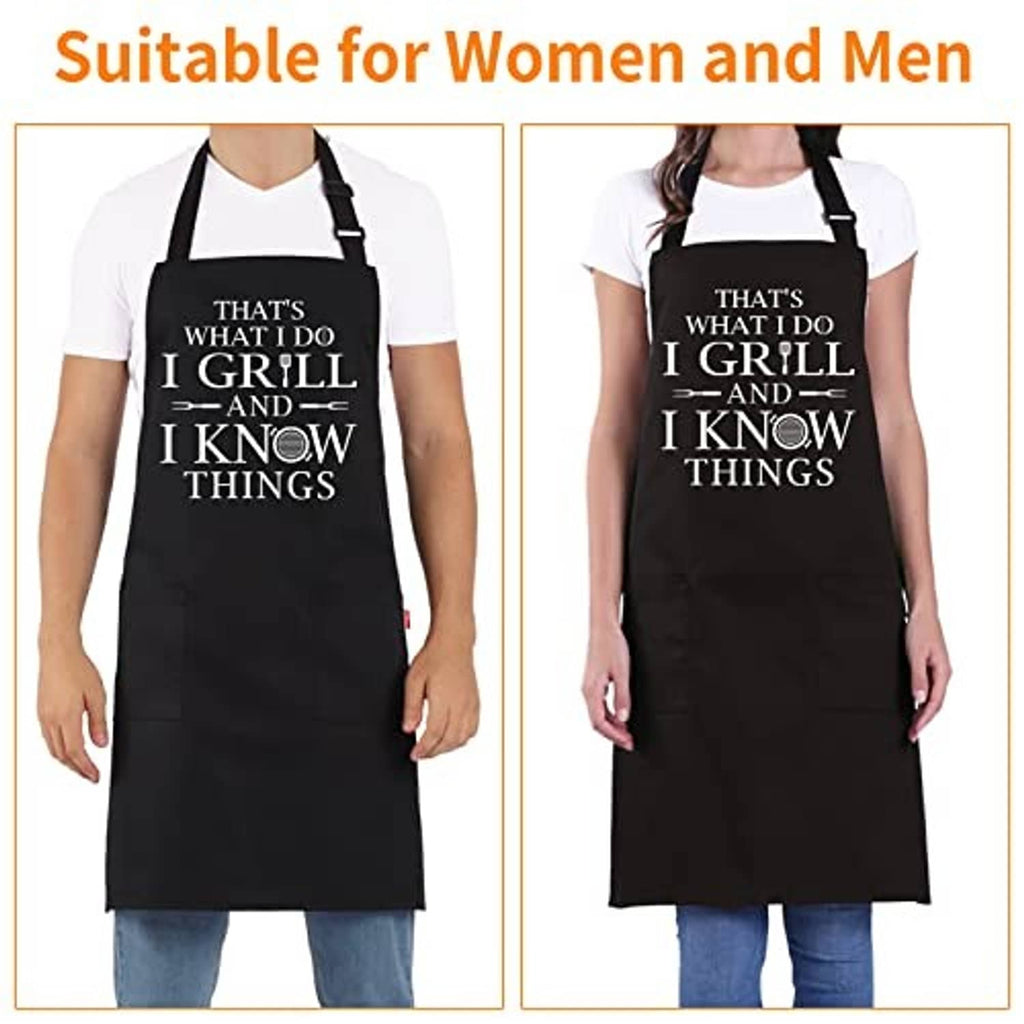 Black grilling apron worn by men and women, adjustable straps, and front quote print