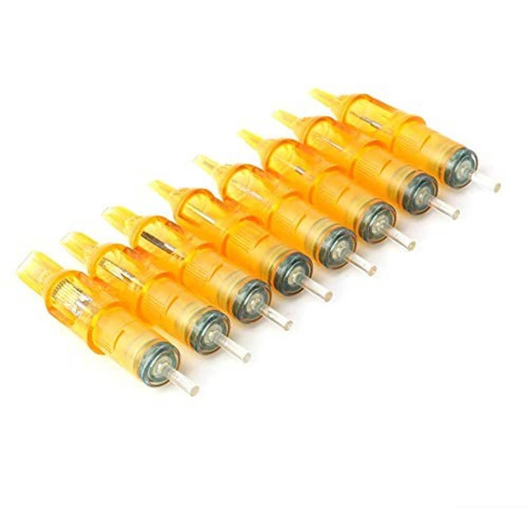 Row of orange disposable tattoo needles with clear tips and metal barrels
