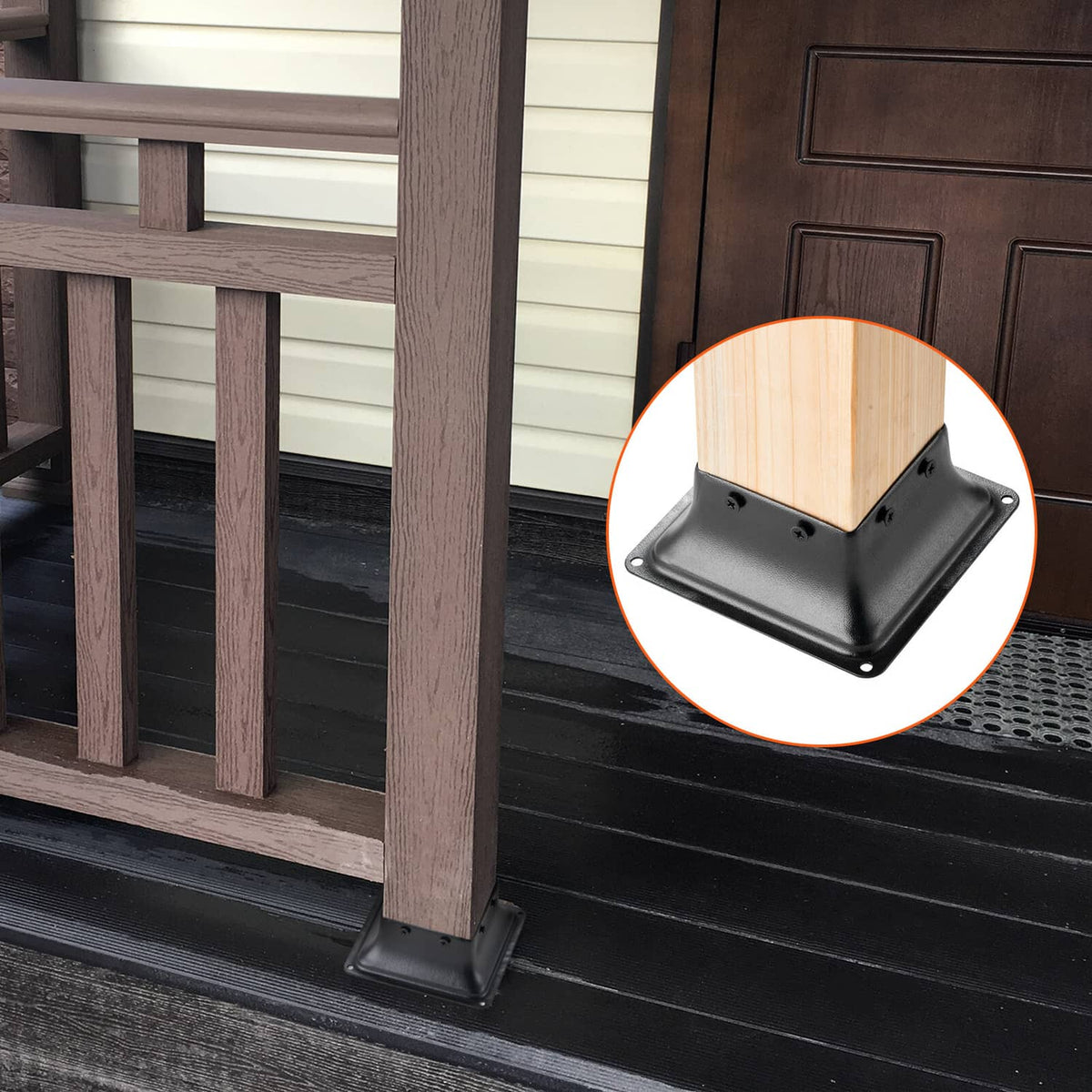 Black steel post base bracket fitted to a wood post on a deck railing