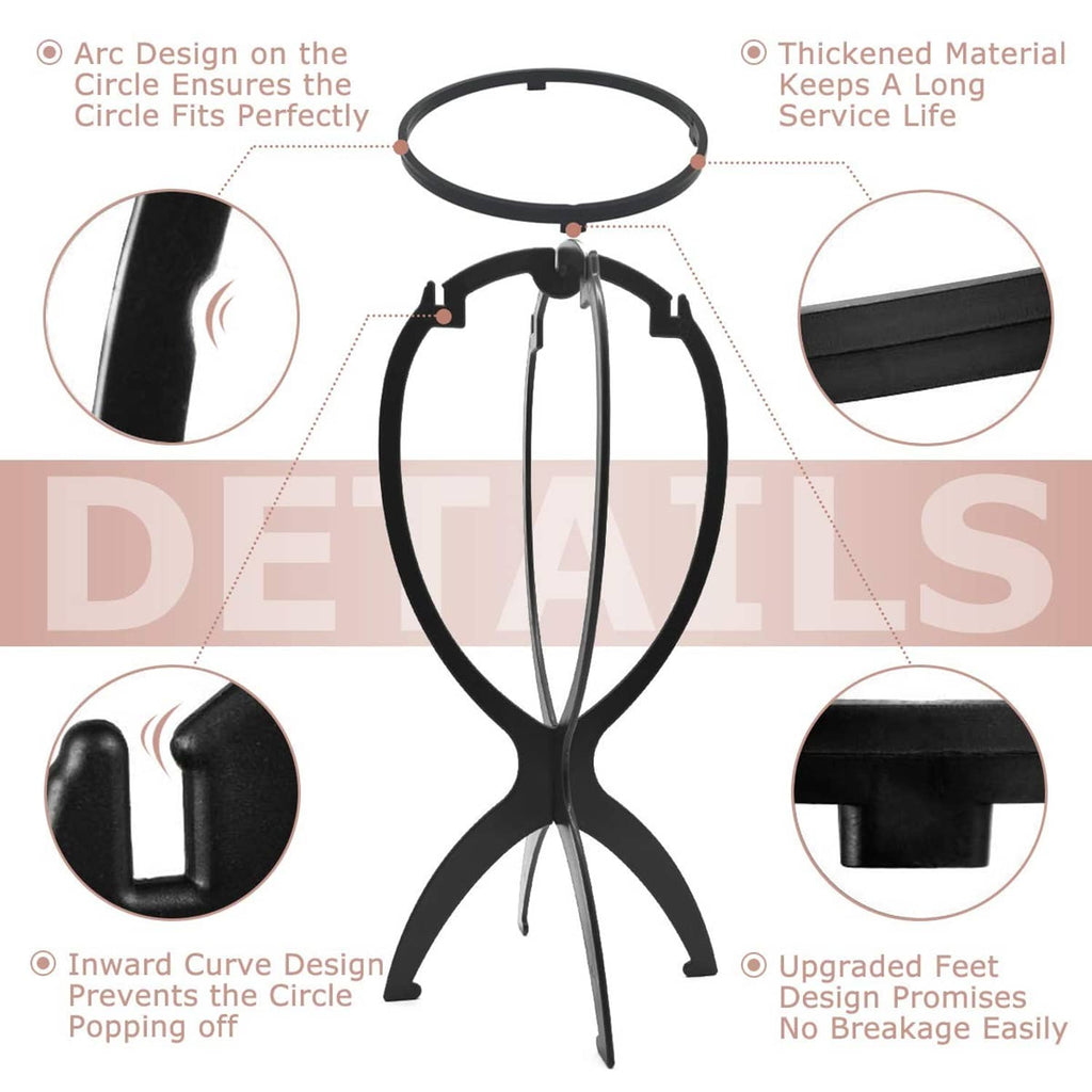 Black wig head stand with circular arc frame and reinforced top base detail
