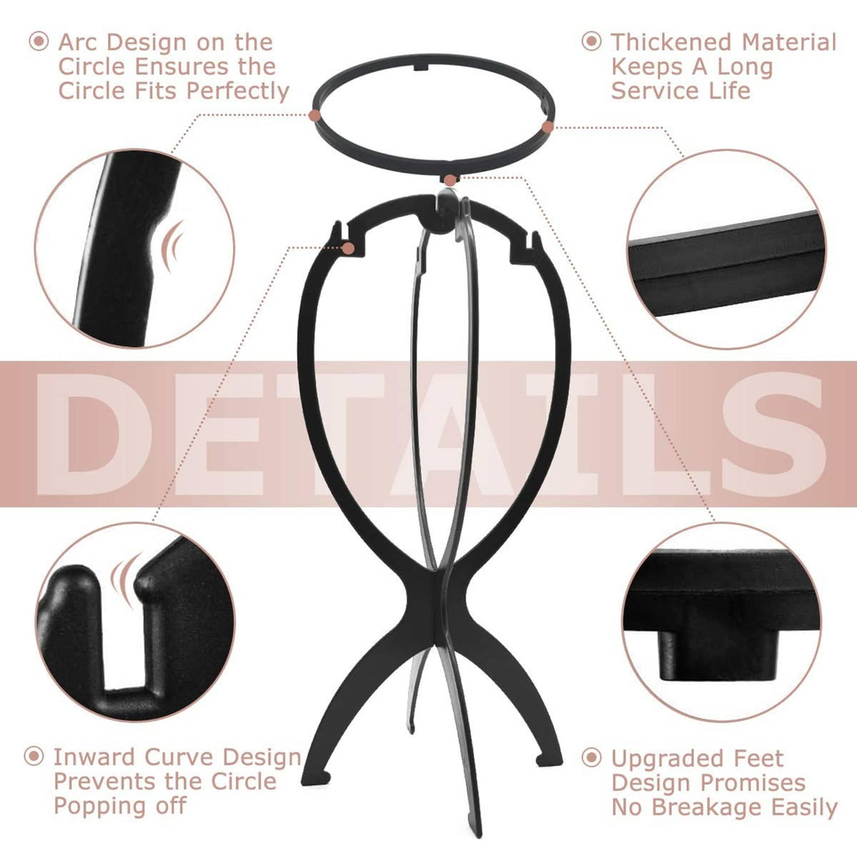 Black wig head stand with circular arc frame and reinforced top base detail