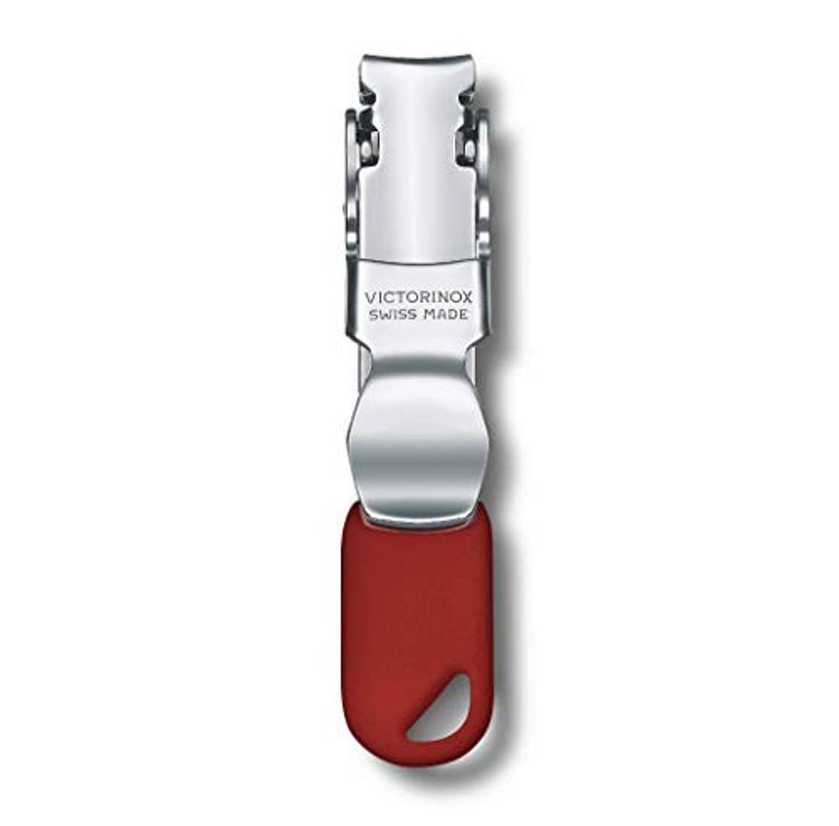 Red-handled nail clipper with silver steel head, Swiss made branding