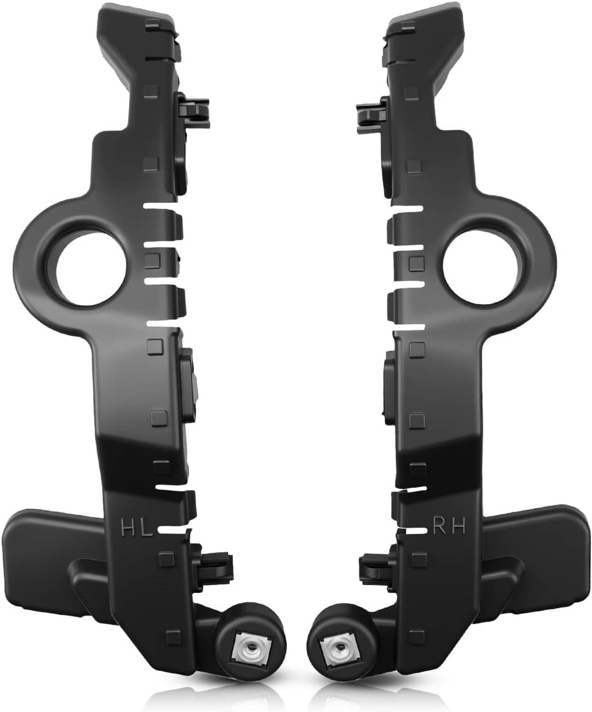 Front bumper guide bracket pair, black plastic with circular holes and mounting tabs