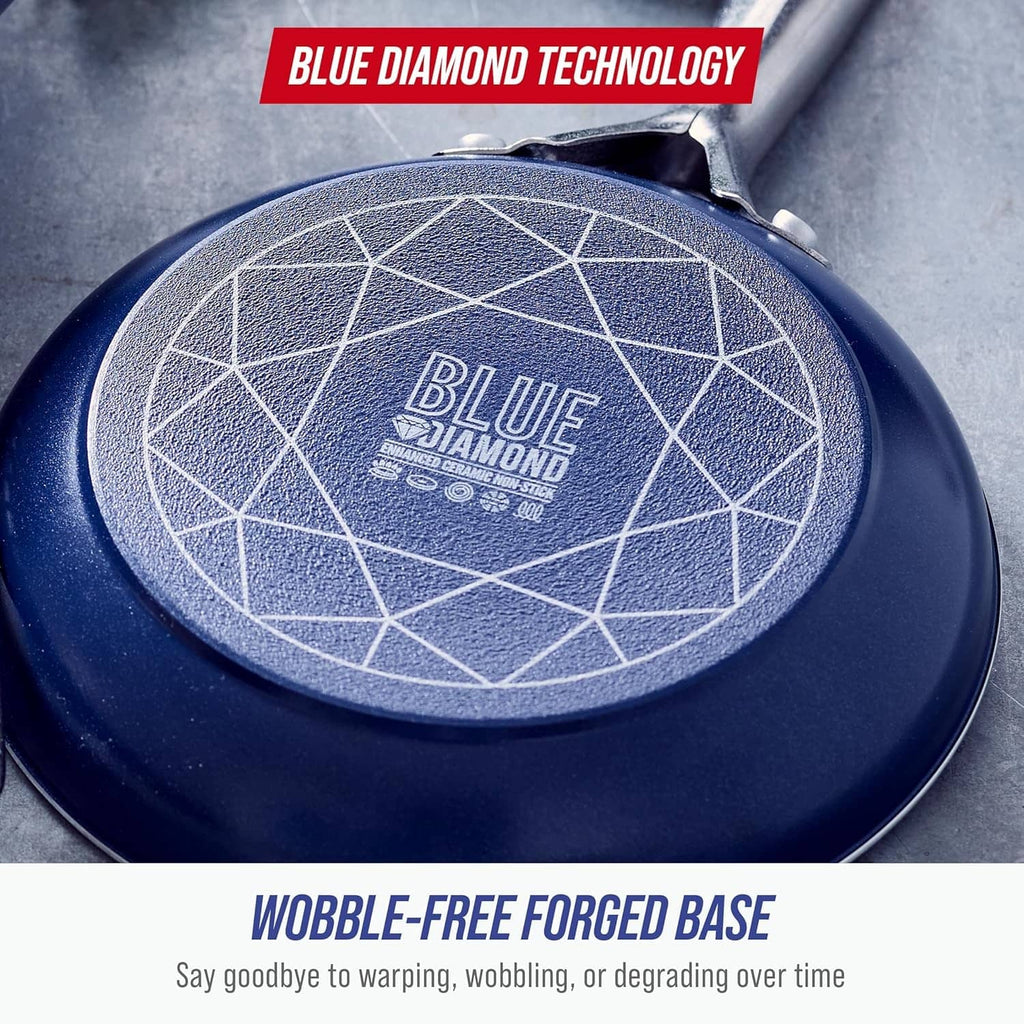 Blue nonstick pan base with blue diamond pattern and centered branding