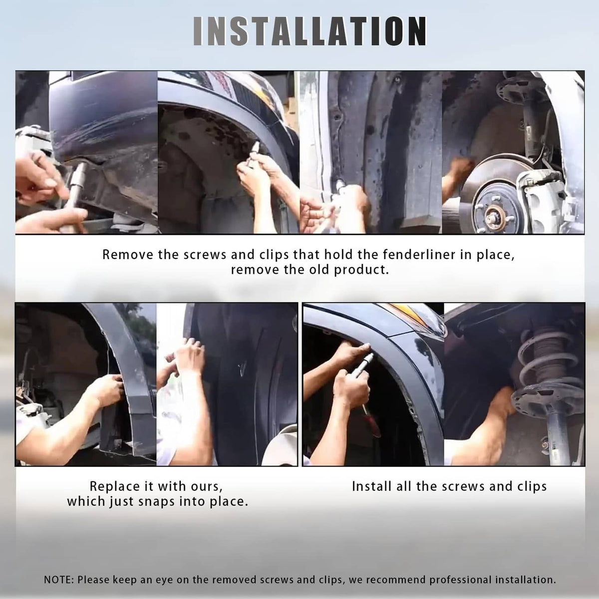 Fender liner installation shown with hands fitting black liner pieces into wheel wells