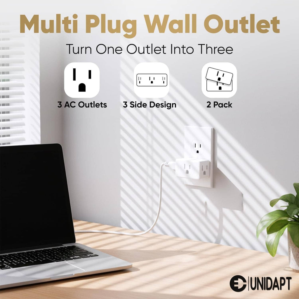 White 3-way outlet extender plugged into a wall socket, three AC outlets