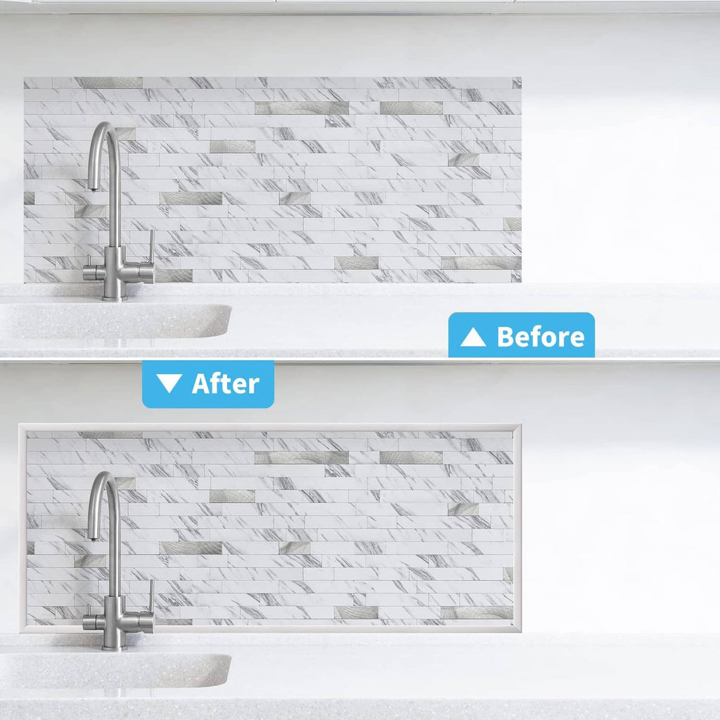 White outside corner trim installed on a tiled backsplash corner