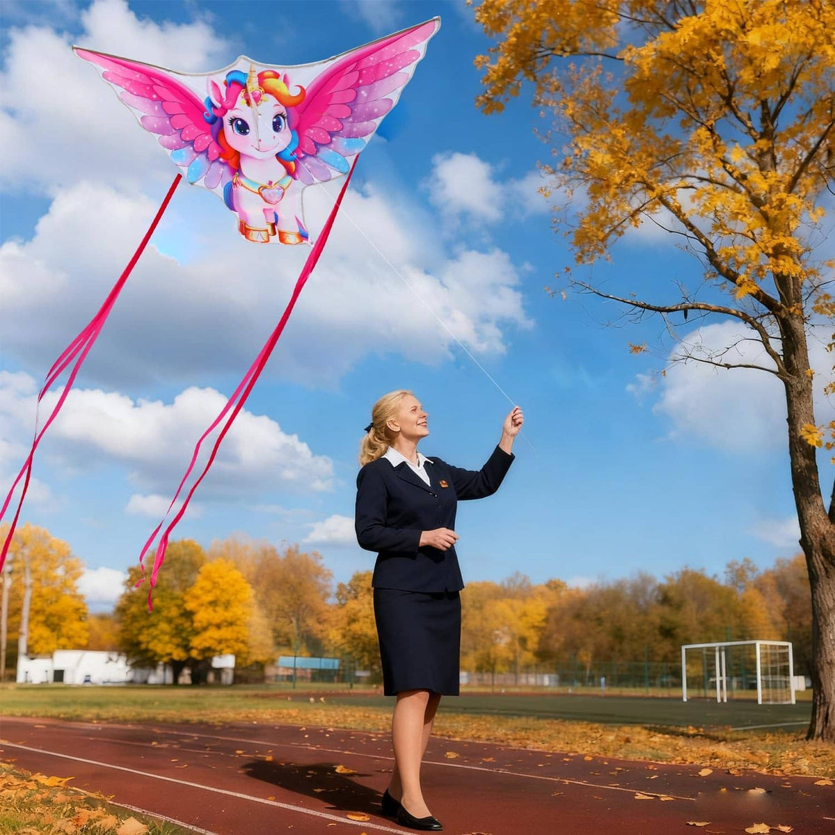 Pink unicorn kite hovering above, with long ribbon streamers and wing details