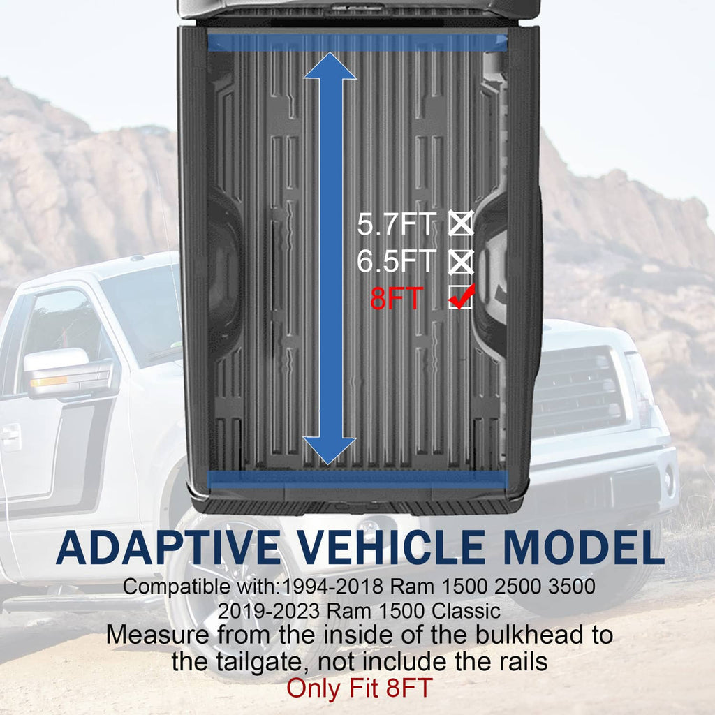 Soft roll-up truck bed tonneau cover size guide with height measurement graphic