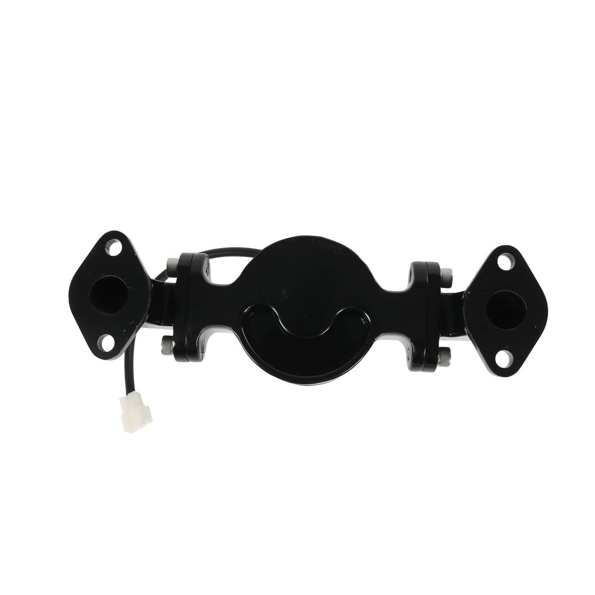 Black electric water pump with dual mounting ears and attached electrical wire