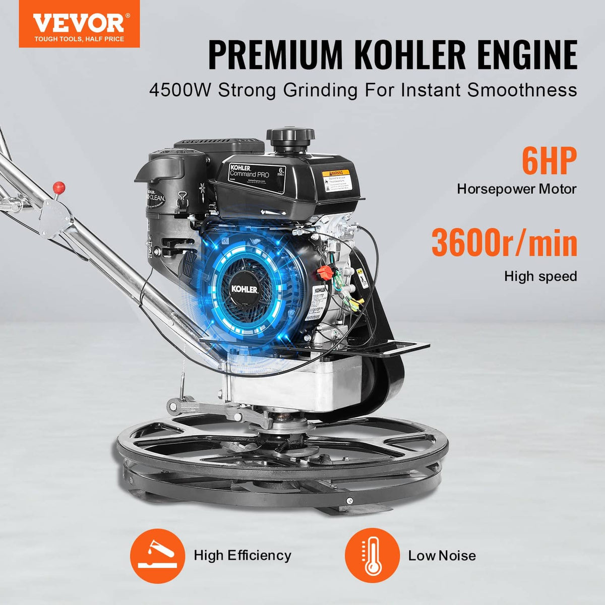 Walk-behind power trowel with onboard engine and rotating blade disk, front three-quarter view