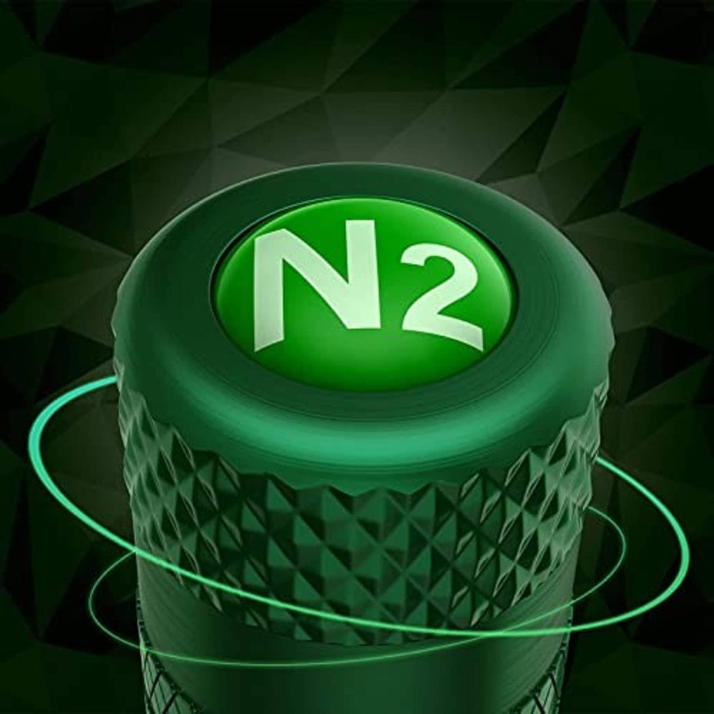 Green anodized aluminum tire valve cap with N2 logo, diamond texture