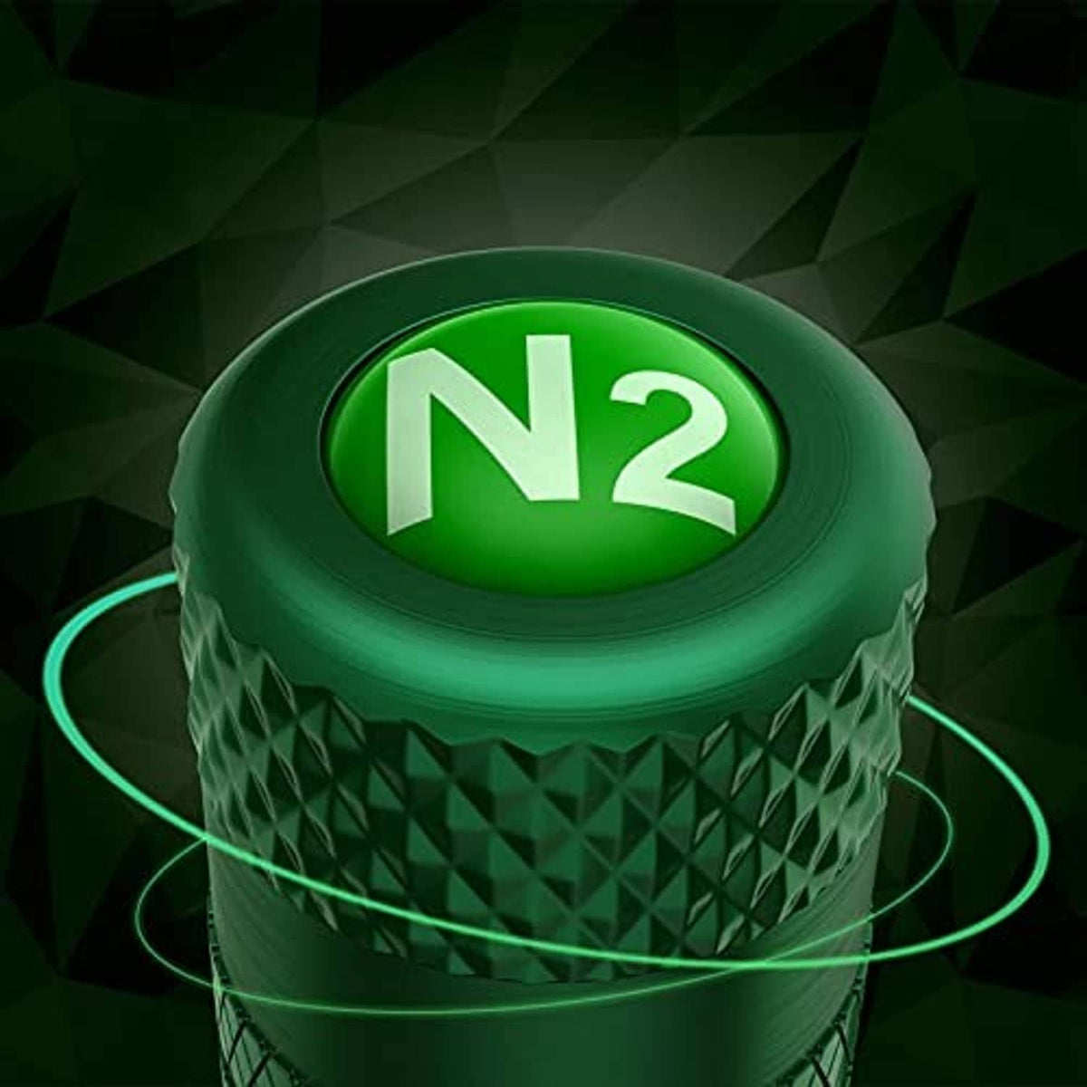 Green anodized aluminum tire valve cap with N2 logo, diamond texture