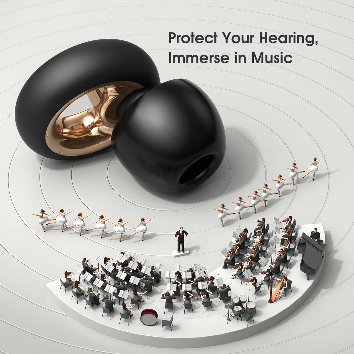 Pair of black silicone ear plugs with round flanged shape and gold inner insert