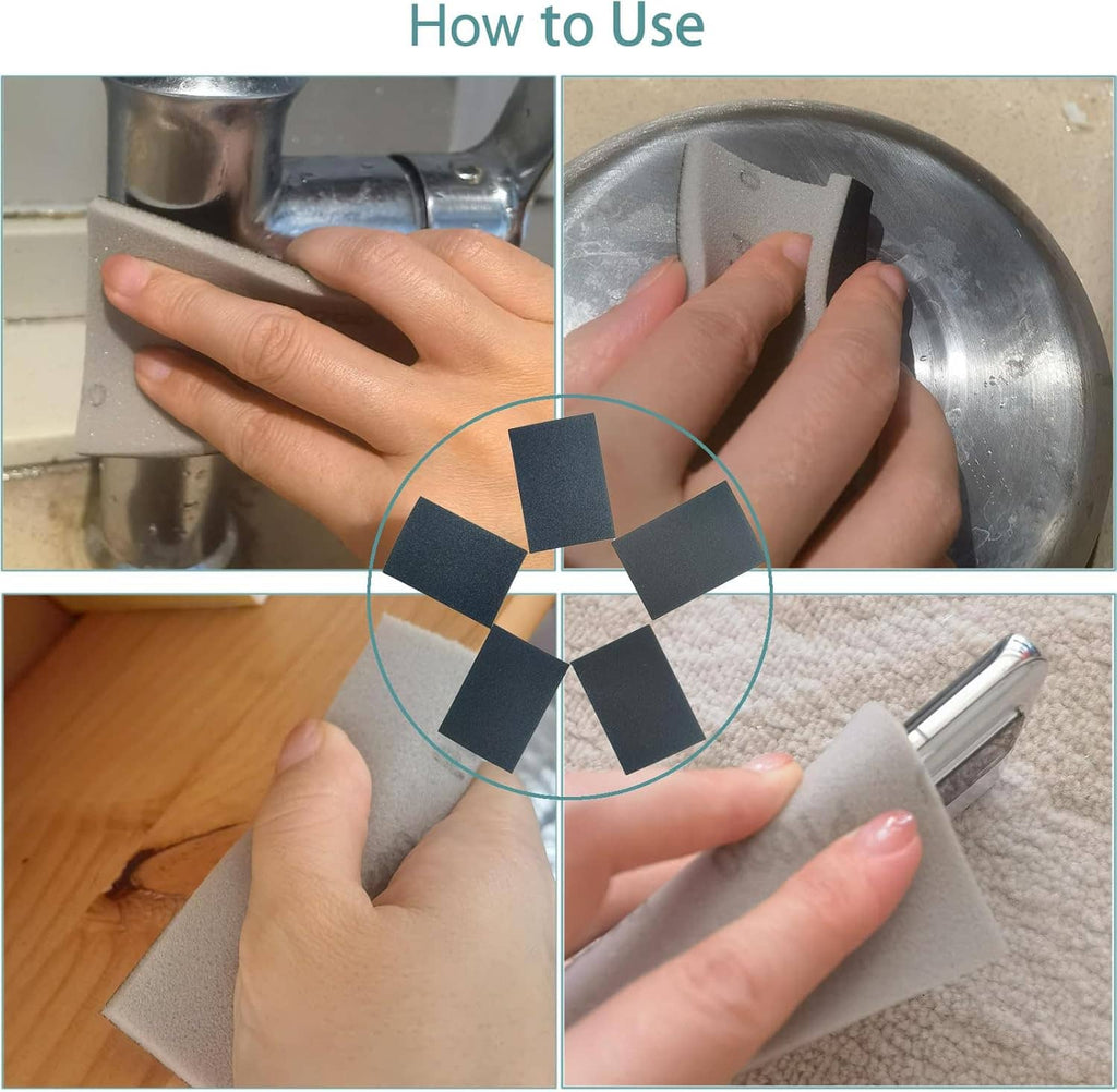 Hands using dark sanding sponge pads on metal and wood surfaces