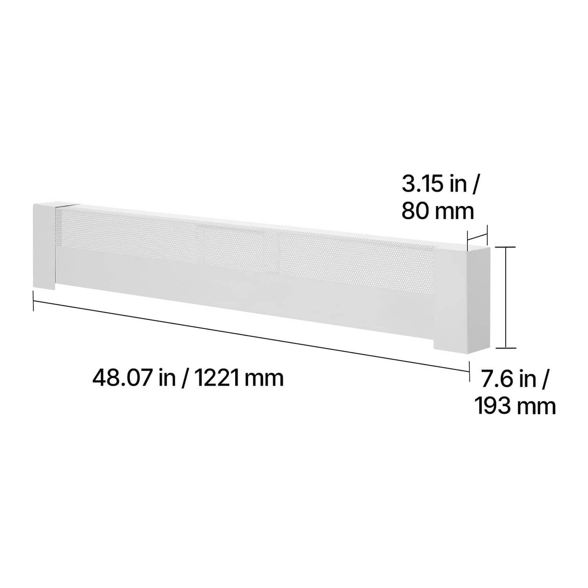 White baseboard heater cover, side view showing vented grille and end panels