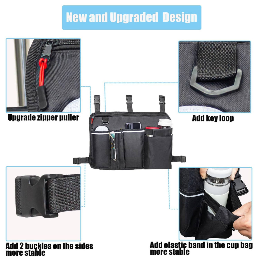 Black walker bag with upgraded zipper pull, key loop, side buckles, and elastic cup band