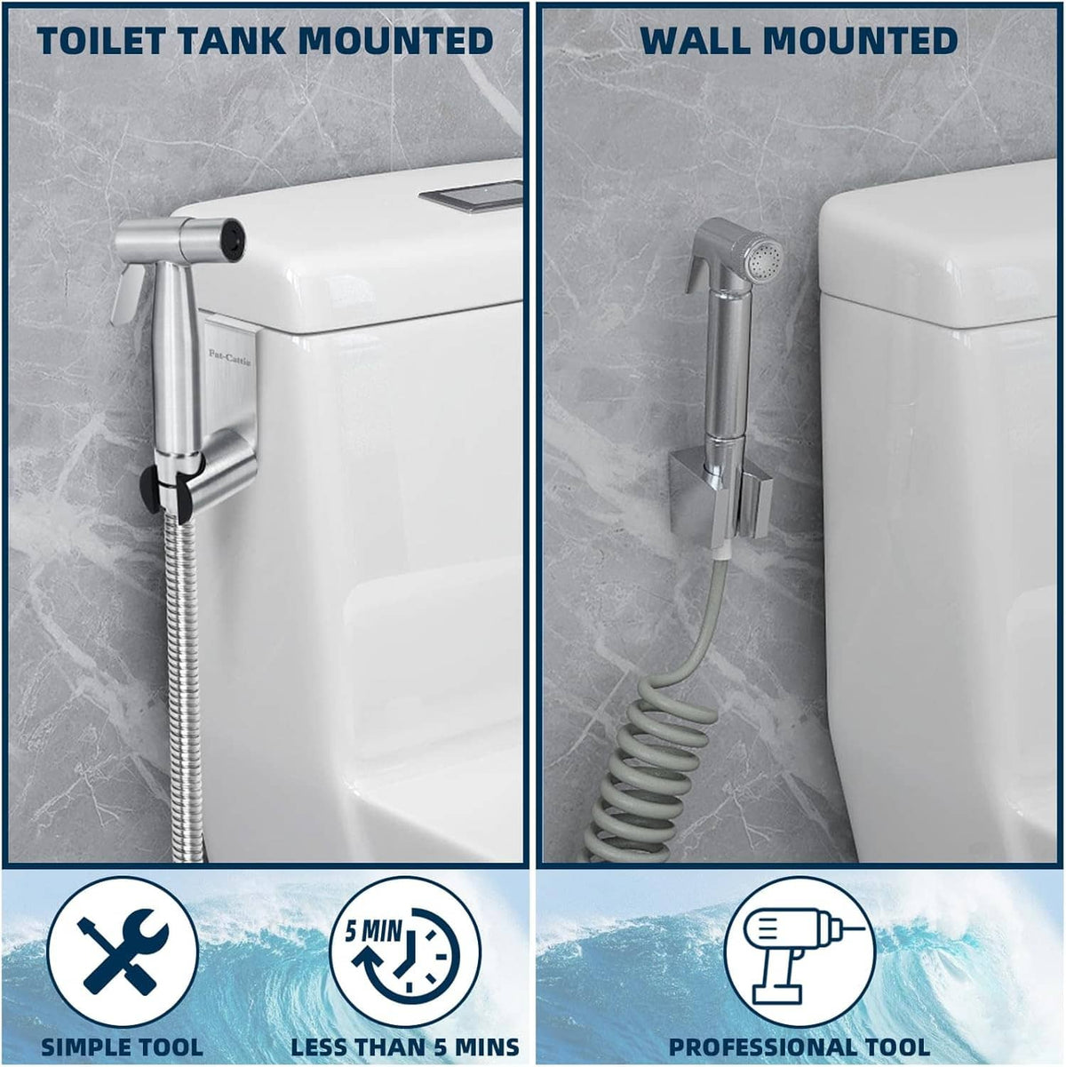 Wall-mounted and tank-mounted stainless steel bidet sprayer systems with hoses