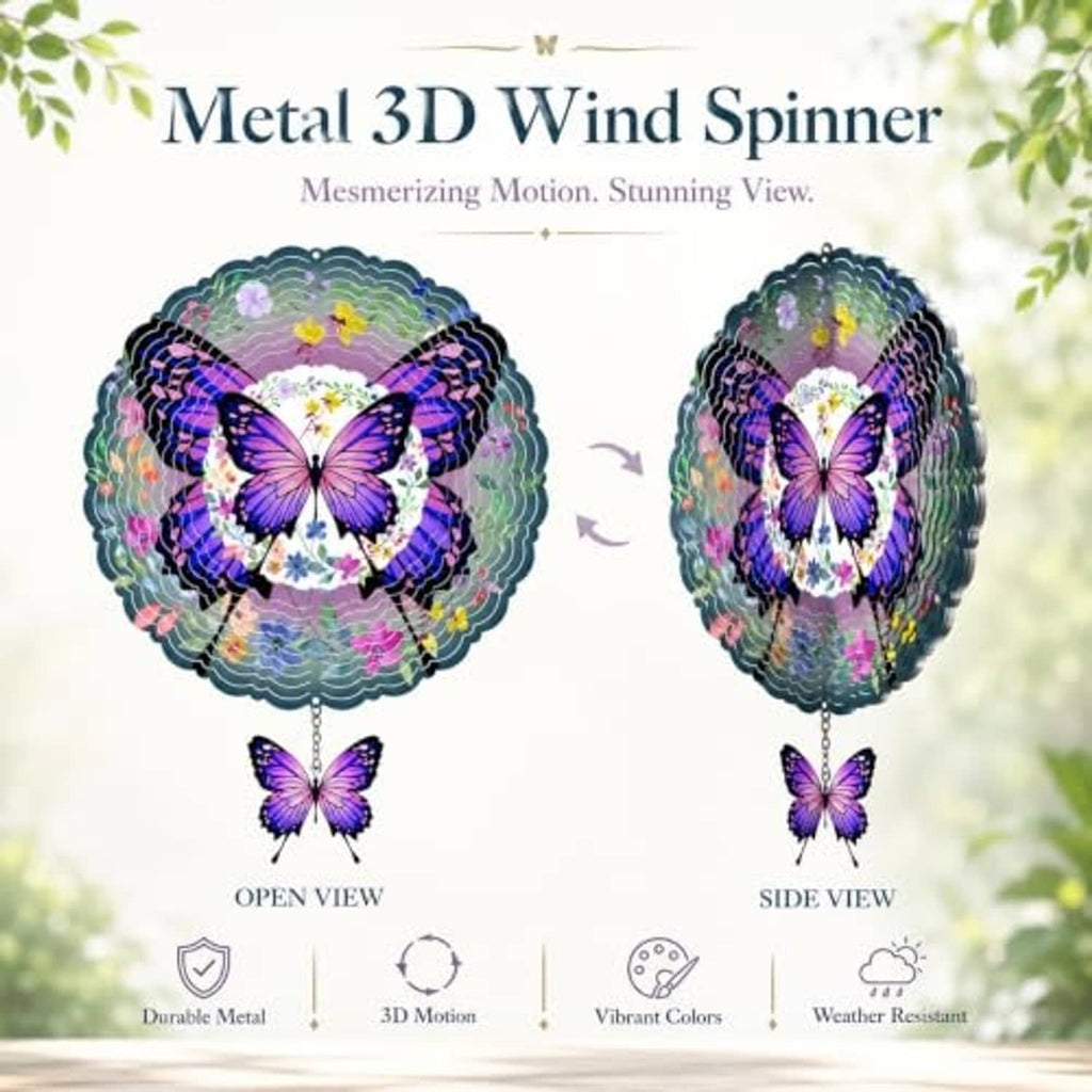 3D metal wind spinner with purple butterfly center and hanging charm, shown from front and side
